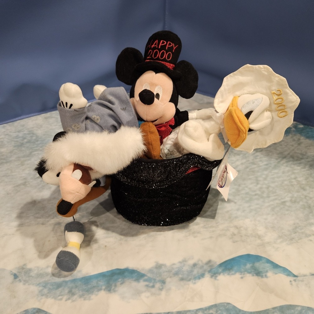 Disney Store Happy 2000 Y2K Mickey Goofy Donald Plush In Top Hat Millennium